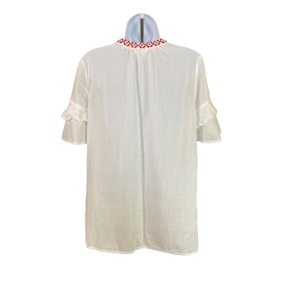 Liz Claiborne Boho Chic White  Red Embroidered Tassel Peasant Blouse - Picture 2 of 7